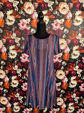 BCBGeneration Blue & Pink Striped Short-Sleeve Swing Dress with Keyhole Back, S